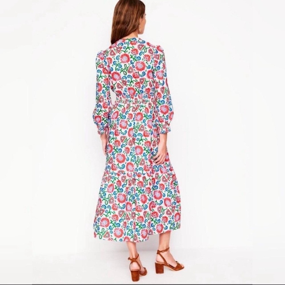 Boden Pink Multi Floral Tiered Long-Sleeve Midi Dress